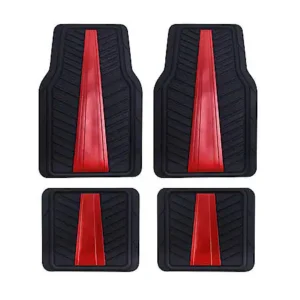 AutoCraft Car & SUV Floor Mat, Black/Matt Red Stripe Rubber, Sporty, All-Season, Trim to Fit, 4 Piece