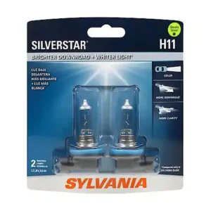 Sylvania H11 SilverStar: Halogen Headlight Bulb, Brighter Downroad and Whiter Light, 2 Pack